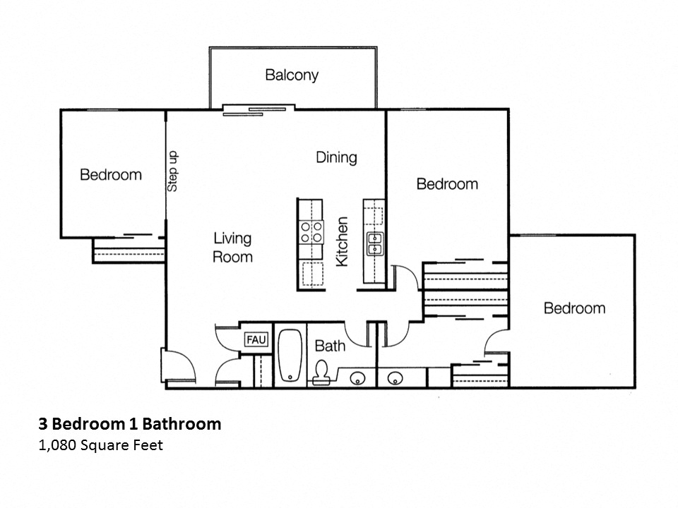 Floor plan for 3 beds, 1 bath, 1080 sqft
